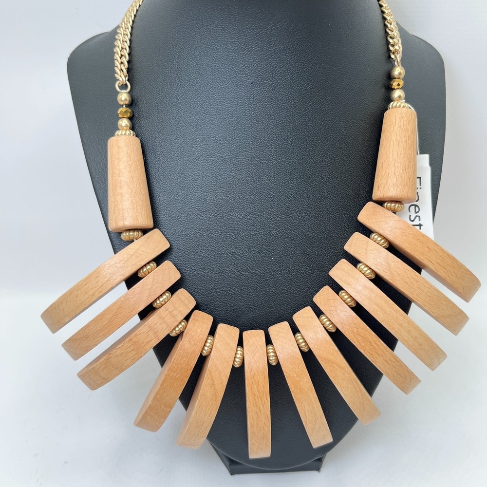 Vintage Wooden Bead Bib Necklace Chunky Statement Boho Hippie Sculptural Jewelry